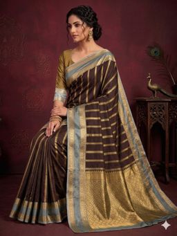 JUST FASHION - Women Brown Woven Design Banarasi Art Silk Saree with Unstitched Blouse