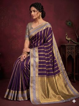 JUST FASHION - Women Wine Woven Design Banarasi Art Silk Saree with Unstitched Blouse