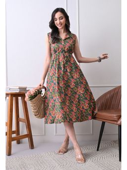 DECKEDUP - Women’s Elegant Green Notched Lapel Floral Print Dress