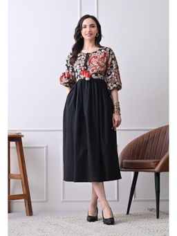 DECKEDUP - Women’s Elegant Black kalamkari Print Tie Up Dress
