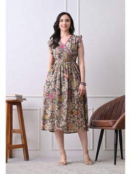 DECKEDUP - Women Elegant Multicolor Floral Print Dress with Belt
