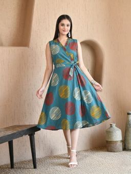 DECKEDUP - Women’s Elegant Turquoise Geometric Printed Dress with Belt