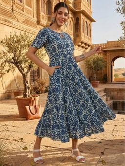 DECKEDUP - Women Indigo Floral Printed Flared Dress