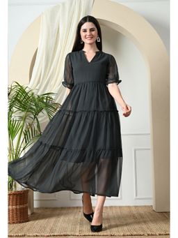 DECKEDUP - Women Stylish Georgette Dark Grey Flared Dress