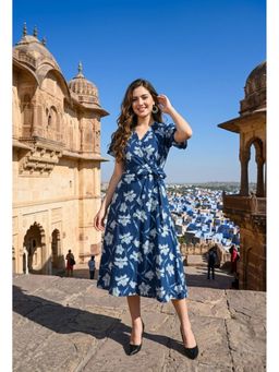 DECKEDUP - Women Indigo Floral Printed Wrap Dress with Belt