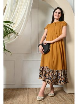 DECKEDUP - Women Mustard Kalamkari Flared Dress