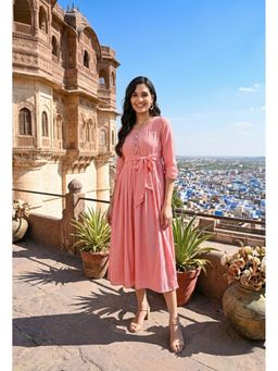 DECKEDUP - Women Pink Cotton Tie-up Dress