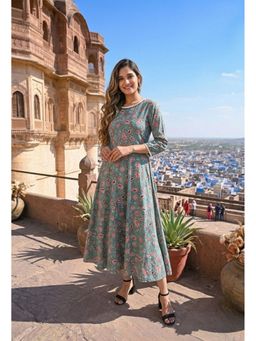 DECKEDUP - Women Green Cotton Flared Dress