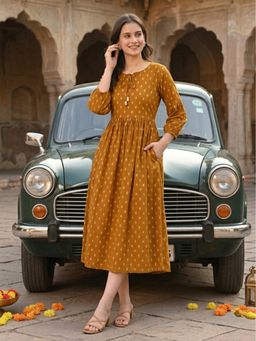 DECKEDUP - Women Mustard Ikat Pocket Dress