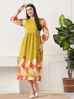 DECKEDUP - Women Mustard Floral Printed Fit & Flare Dress