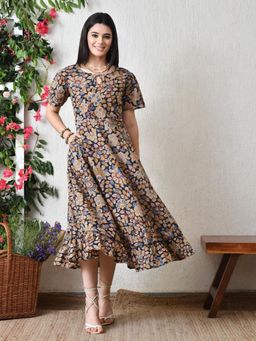 DECKEDUP - Women Navy Blue Floral Printed Ruffled Fit and Flare Dress