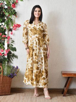 DECKEDUP - Sunlit Women Off White Floral Printed V-Neck Cotton Dress