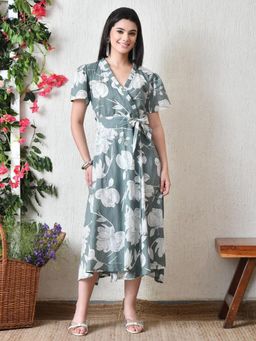 DECKEDUP - Women Green Floral Printed Cotton Wrap Dress with Belt