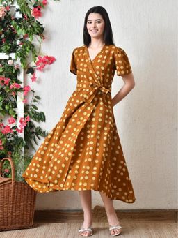 DECKEDUP - Women Brown Polka Dot Printed Short Sleeves Wrap Dress with Belt