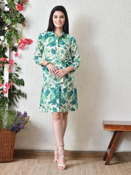 DECKEDUP - Woen White Floral Printed Cotton Shirt Dress with Belt