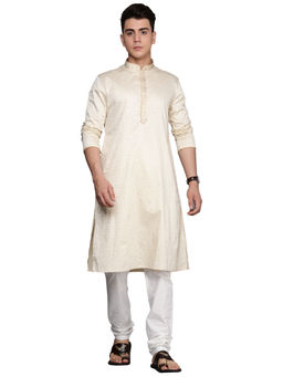 Manyavar - Mens Blended Cotton Self Design Kurta Churidar (Beige) (Set of 2)