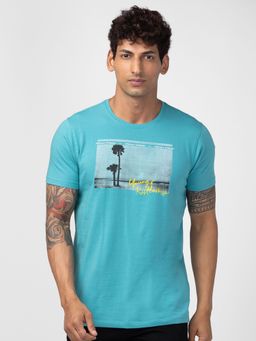 Spykar - Turquoise Blue Round Neck Half Sleeves Blended T-Shirt For Men
