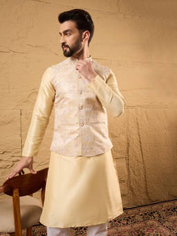 ETHNIC BAY - Mens Cream Silk Blend Woven Design Mandarin Collar Nehru Jacket