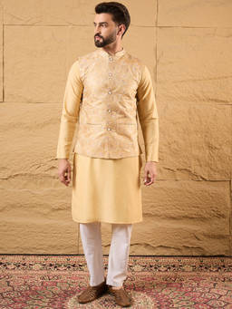 ETHNIC BAY - Mens Yellow Silk Blend Woven Design Mandarin Collar Nehru Jacket