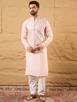 ETHNIC BAY - Mens Pink Silk Blend Woven Design Mandarin Collar Nehru Jacket