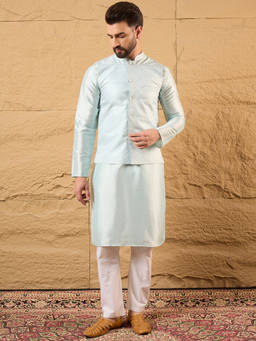 ETHNIC BAY - Mens Light Blue Jacquard Woven Design Mandarin Collar Nehru Jacket