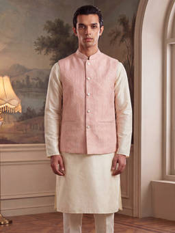 ETHNIC BAY - Mens Pink Jacquard Woven Design Mandarin Collar Nehru Jacket