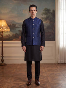ETHNIC BAY - Mens Blue Jacquard Woven Design Mandarin Collar Nehru Jacket
