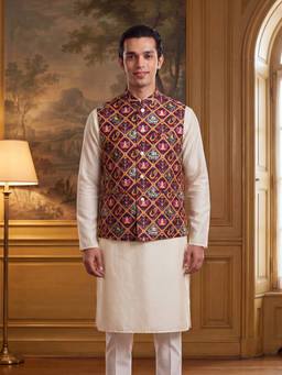 ETHNIC BAY - Mens Purple Silk Blend Patola Print Mandarine Collar Nehru Jacket