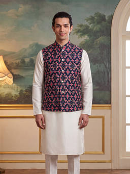 ETHNIC BAY - Mens Navy Blue Silk Blend Patola Print Mandarine Collar Nehru Jacket