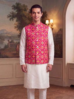 ETHNIC BAY - Mens Pink Silk Blend Patola Print Mandarine Collar Nehru Jacket