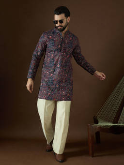 ETHNIC BAY - Mens Teal Georgette Embroidered Kurta with Pyjama