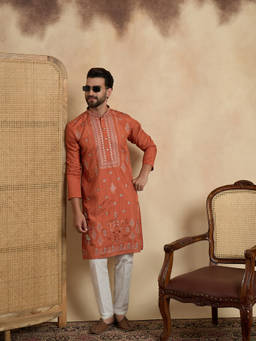 ETHNIC BAY - Mens Orange Silk Blend Embroidered Straight Kurta with Pyjama