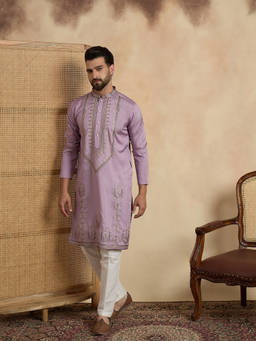 ETHNIC BAY - Mens Lavender Silk Blend Embroidered Straight Kurta with Pyjama