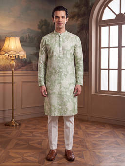 ETHNIC BAY - Mens Green Linen Blend Floral Printed Kurta with Pyjama