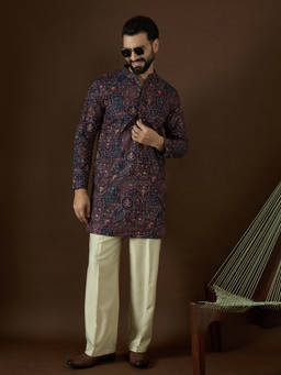 ETHNIC BAY - Mens Teal Georgette Embroidered Kurta