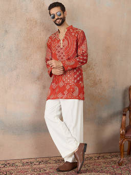 ETHNIC BAY - Mens Orange Modal Ethnic Motifs Printed Kurta