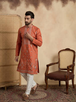 ETHNIC BAY - Mens Orange Silk Blend Embroidered Straight Kurta