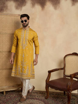 ETHNIC BAY - Mens Yellow Silk Blend Embroidered Straight Kurta