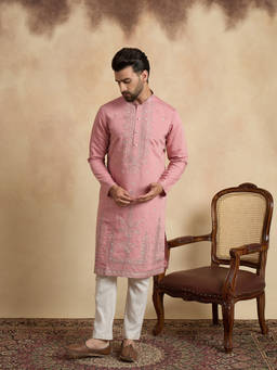 ETHNIC BAY - Mens Pink Silk Blend Embroidered Straight Kurta
