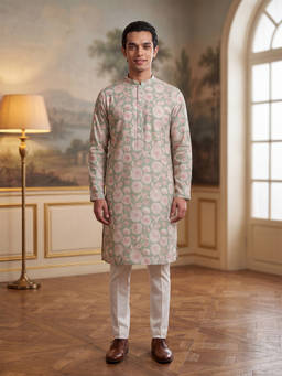 ETHNIC BAY - Mens Green Linen Blend Floral Printed Kurta
