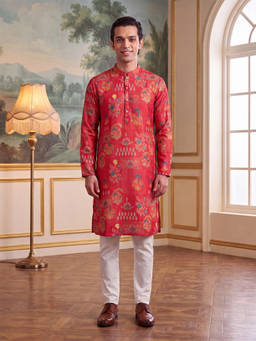 ETHNIC BAY - Mens Pink Linen Blend Floral Printed Kurta