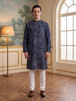 ETHNIC BAY - Mens Blue Linen Blend Ethnic Motifs Printed Kurta