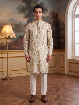 ETHNIC BAY - Mens Off White Linen Blend Ethnic Motifs Printed Kurta