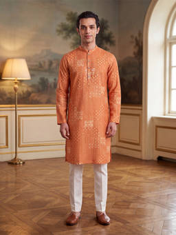 ETHNIC BAY - Mens Orange Linen Blend Bandhani Printed Kurta