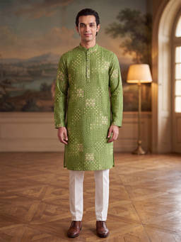 ETHNIC BAY - Mens Green Linen Blend Bandhani Printed Kurta