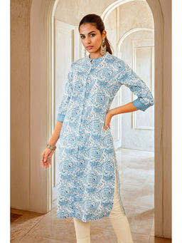 Soch - Women Off White and Blue Rayon Floral Print Kurta