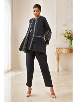 Soch - Navy Blue Rayon Slub Embroidered Co-ord (Set of 3)