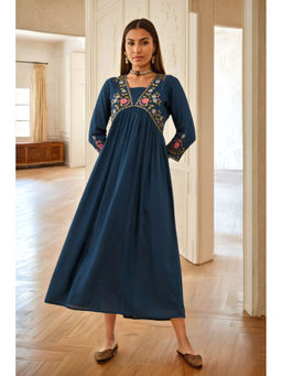 Soch - Blue Rayon Slub Embroidered Dress