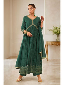 Soch - Women Green Viscose Embroidered Anarkali Kurta with Palazzo & Dupatta (Set of 3)