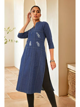 Soch - Women Navy Blue Cotton Embroidered Kurta